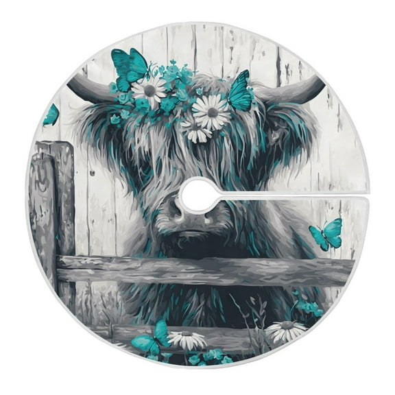 Ryvnso Christmas Tree Skirt Highland Cattle Butterflies Xmas Tree Skirts Ornament Home Decorations 35.4"