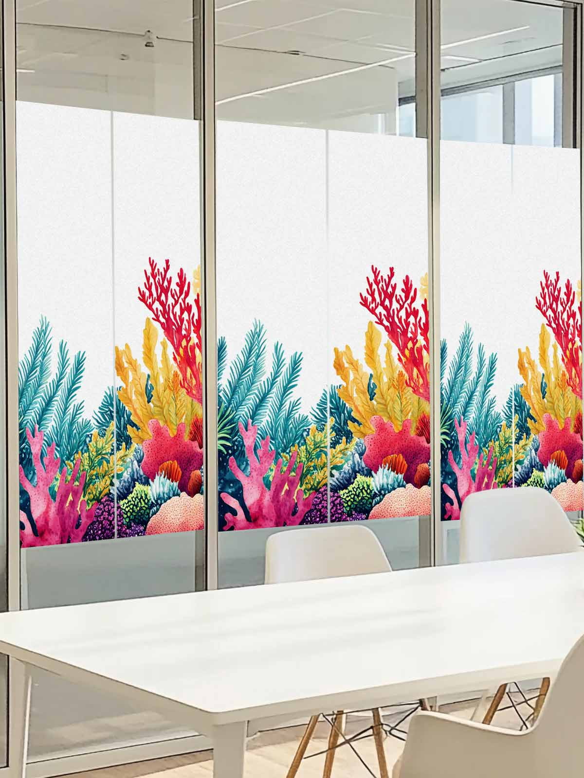 Ocean Coral Window Privacy Film, Summer Underwater Plant Watercolor Style Coastal Frosted Glass Window Clings Static Cling UV Heat Blocking Reusable Door Sticker for Bathroom 23.6 x 59 Inch