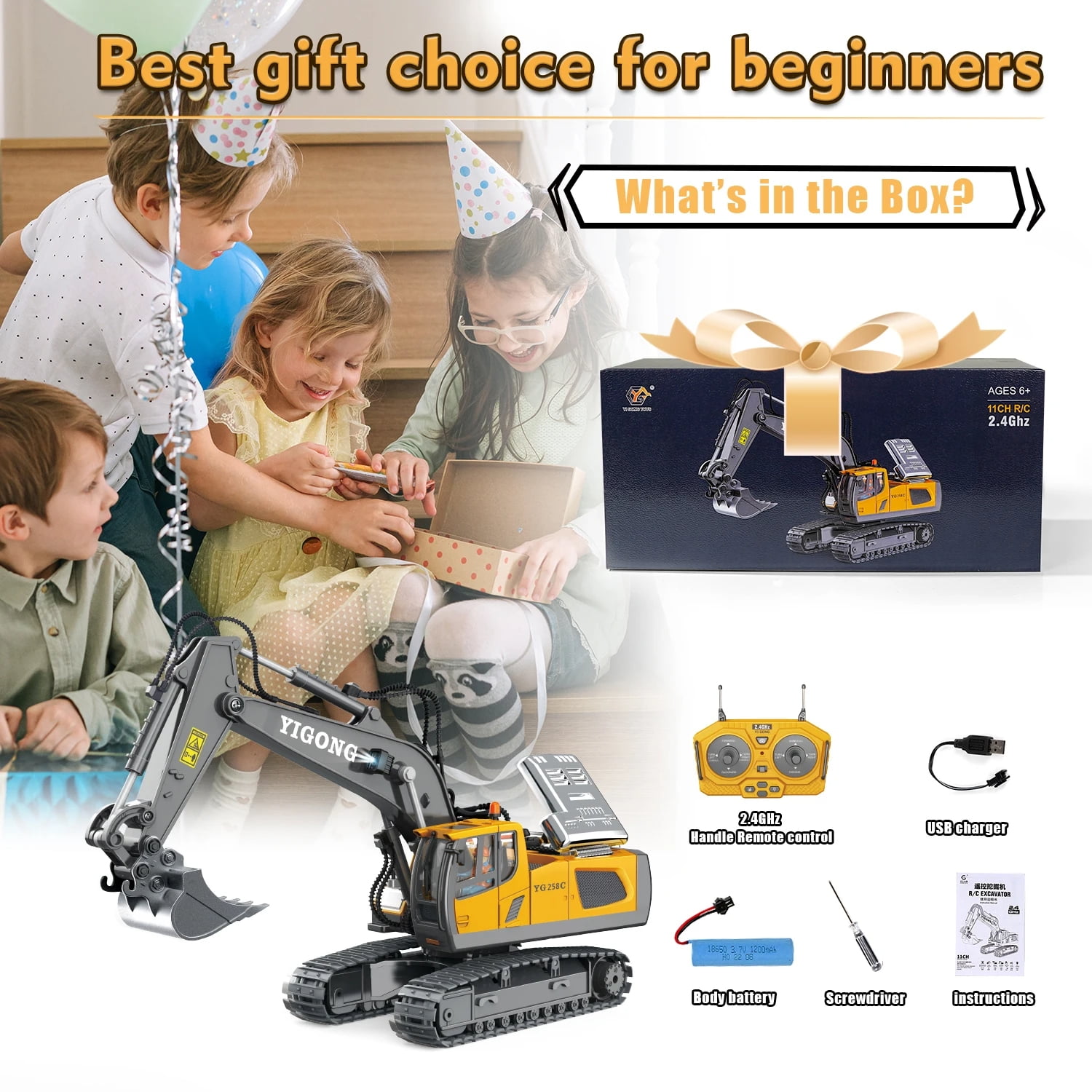TZDZRC  Remote Control Excavator, 11 Channel RC Construction Vehicle Toys, Rechargeable RC Engineering Car Gifts for Kids