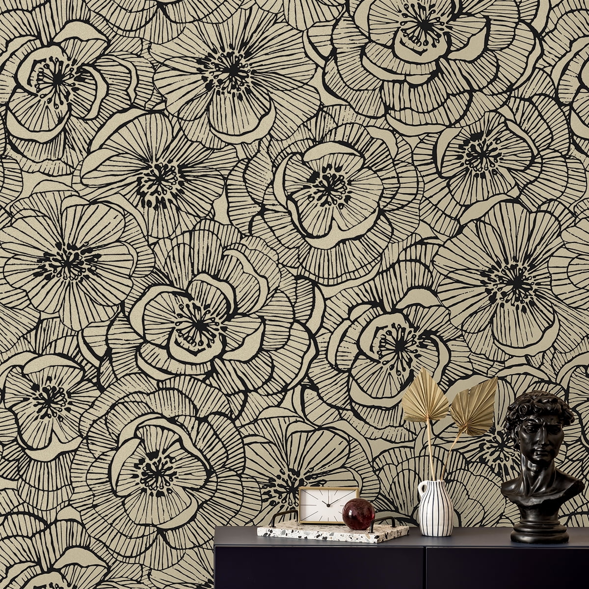 NextWall Gold Shimmer & Ebony Ellie Graphic Floral Peel and Stick Wallpaper