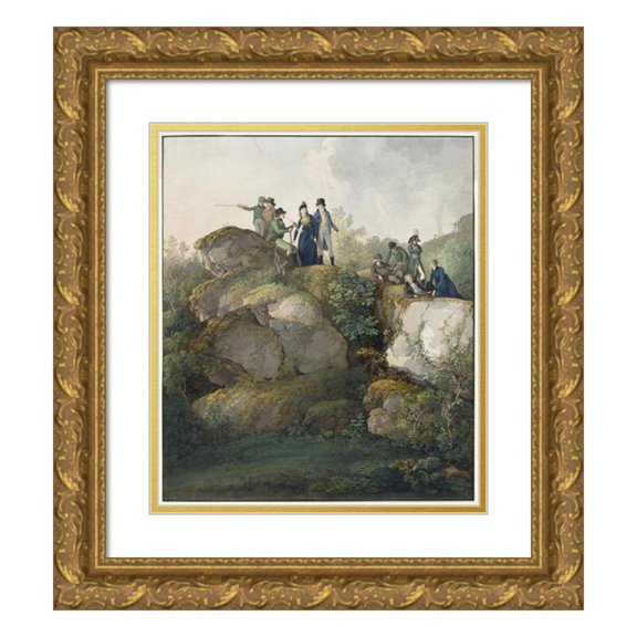 Johann Georg von Dillis 20x22 Gold Ornate Framed and Double Matted Museum Art Print Titled - A Royal Party Admiring the Sunset Atop the Hesselberg Mountain (1801)