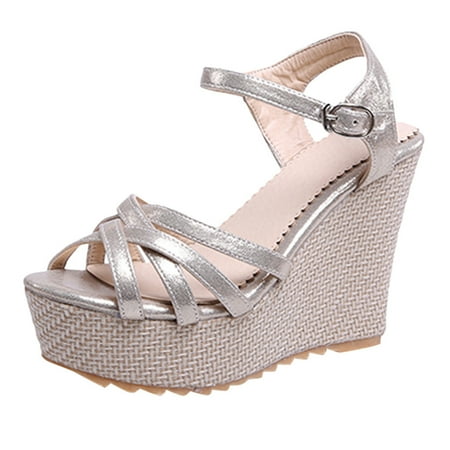 

Tangnade Ladies daily all-match casual shoes Womens Leather Heel Platform Wedges Open Toe Casual Ankle Buckle Strap Sandals Gold 40