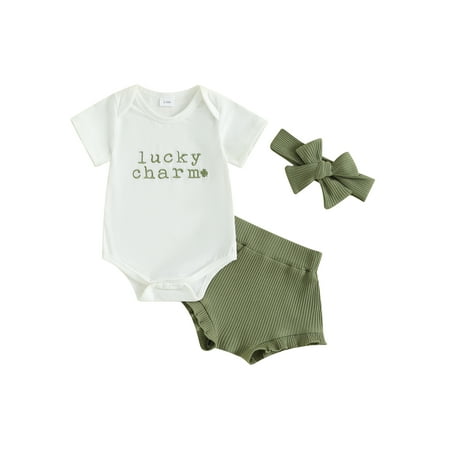 

Qtinghua Newborn Baby Girls St. Patrick s Day Outfits Short Sleeve Embroidery Romper+Shorts+Headband Clothes Green 6-12 Months