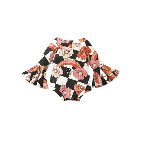 

AMILIEe Newborn Baby Girls Casual Autumn Romper Long Sleeve Crew Neck Flower Print Bodysuit