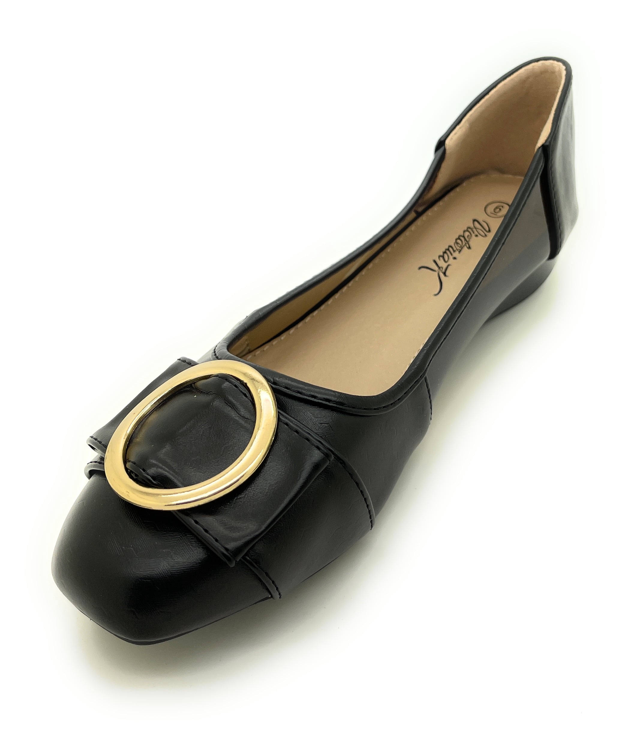 Women’s Dress Flats with Gold Buckle Accent – Square Toe Slip-On Shoes – Stylish Low Heel Comfortable Casual or Office Flats for Work, Travel, and Everyday Wear