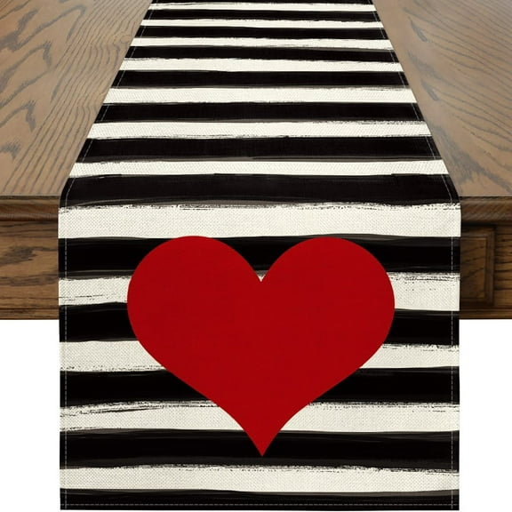 EQWLJWE Watercolor Stripes Love Heart Valentine's Day Table Runner, Holiday Kitchen Dining Table Decoration for Home Party Indoor 13x108 Inch