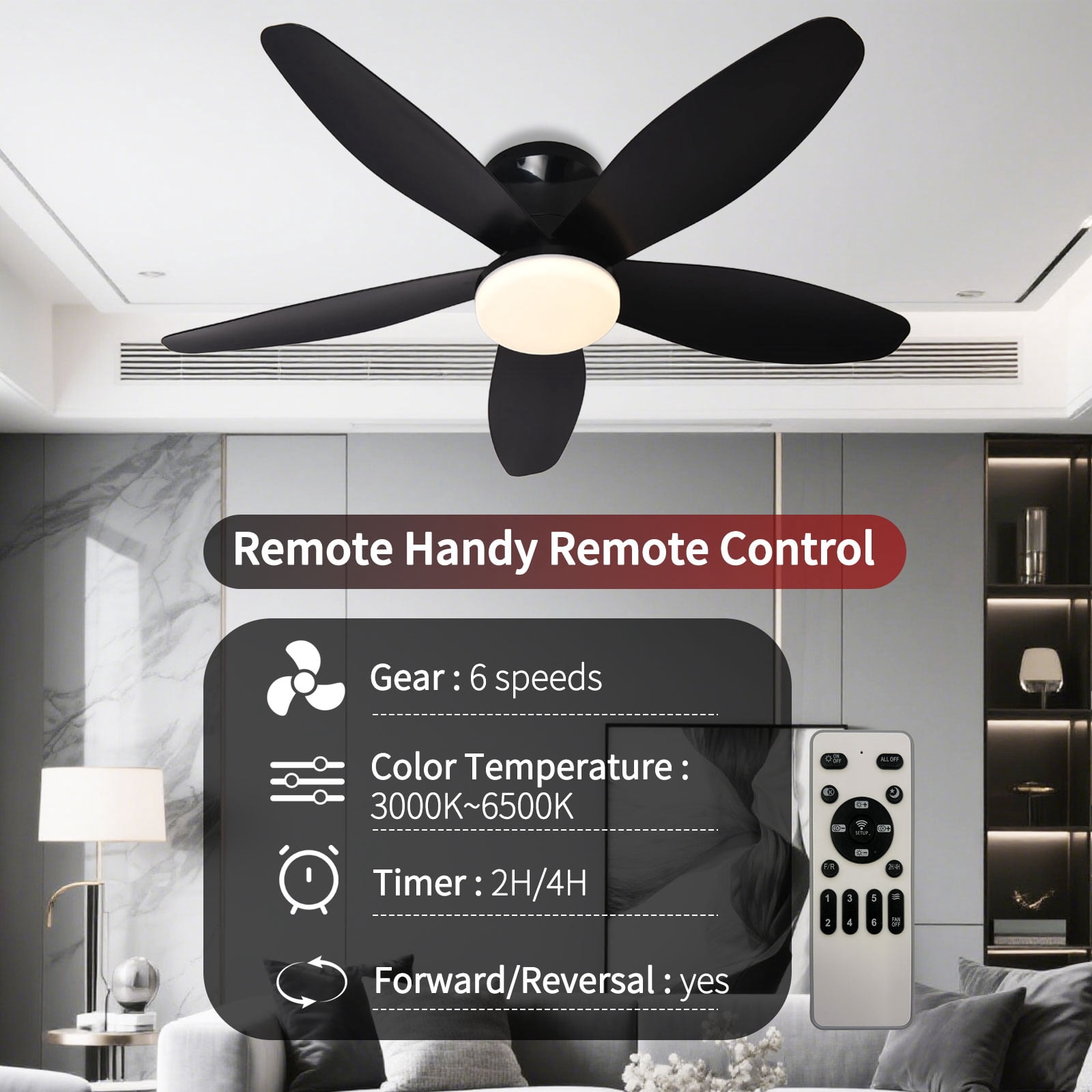 JLPAN Ceiling Fans with Lights, 36 Inch Low Profile Ceiling Fan with Light and Remote/APP Control, Flush Mount, 6 Speeds Reversible, LED Dimmable Modern Ceiling Fans for Bedroom,Indoor, Black