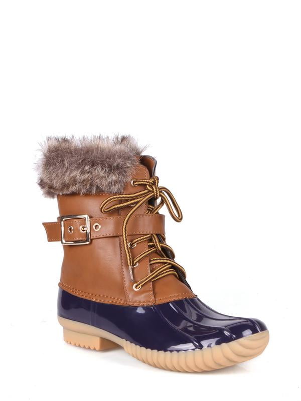 tan and blue duck boots