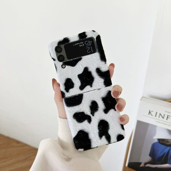 Fluffy Warm Case for Samsung Galaxy Z Flip 3, Back Stylish Beaded Chain Strap Cold Weather Winter Autumn Slim Phone Case, Cute Cow Pattern Plush Folding Cover for Women Girls,Black White