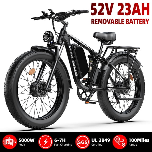 FENGQS 5000W Dual Motor Electric Bike for Adults,45MPH 100 Miles 52V 1196Wh Ebike,26" x 4" Fat Tire Full Suspension Hydraulic Brakes 7-Speed Commuter&Mountain E-Bicycle-(Black)-UL2849