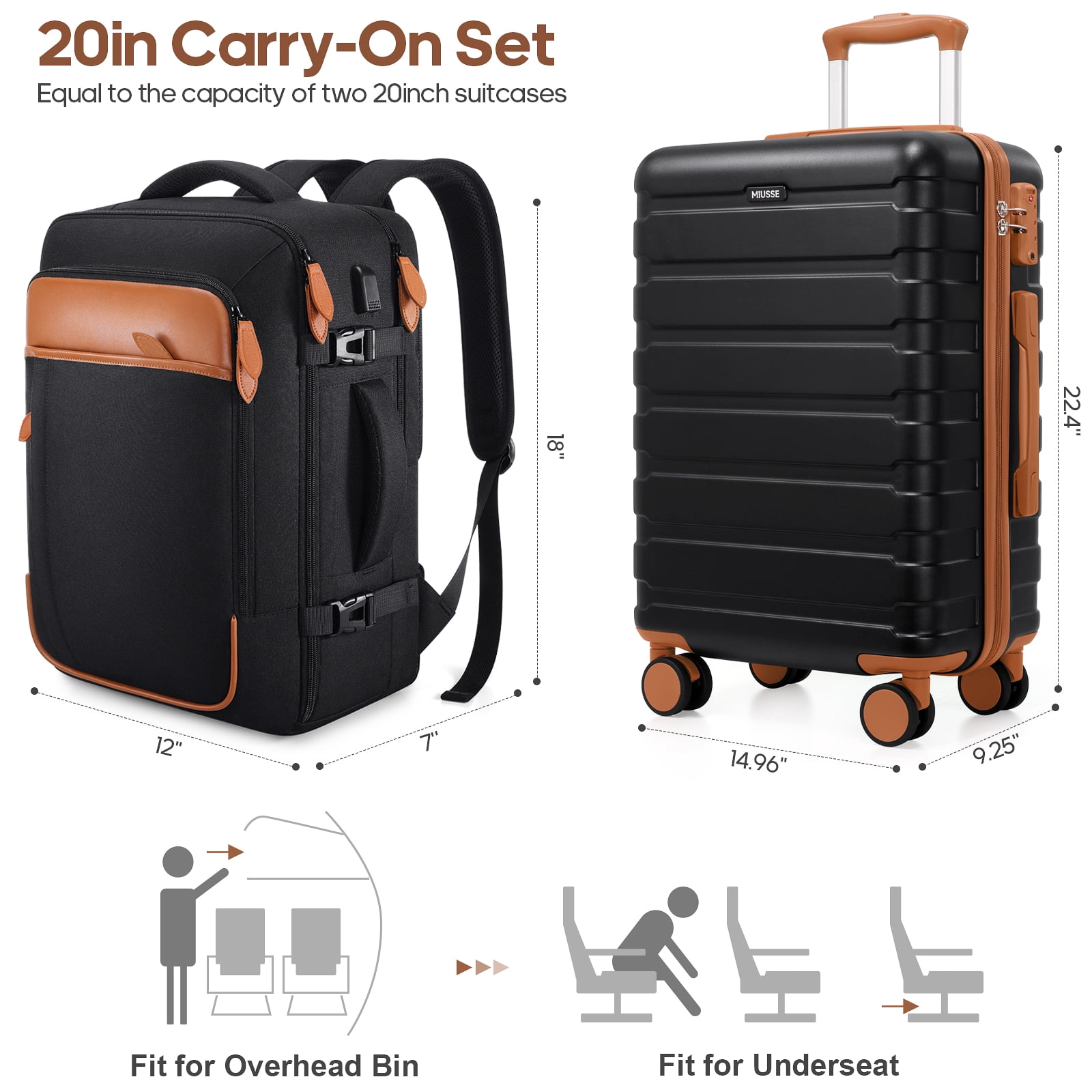 MIUSSE Carry on Luggage Set 3 Piece Hard Shell Luggage Sets with YKK Zipper Spinner Wheels TSA Lock Carry on with Backpack Set