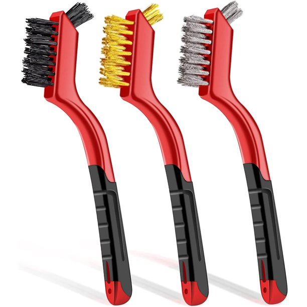Juego de cepillos de alambre 3 piezas de nylon/latón/cerdas de acero inoxidable Mini cepillo de limpieza de alambre con empuñadura curvada compatible con suciedad, escoria de soldadura, Afortunado Sencillez