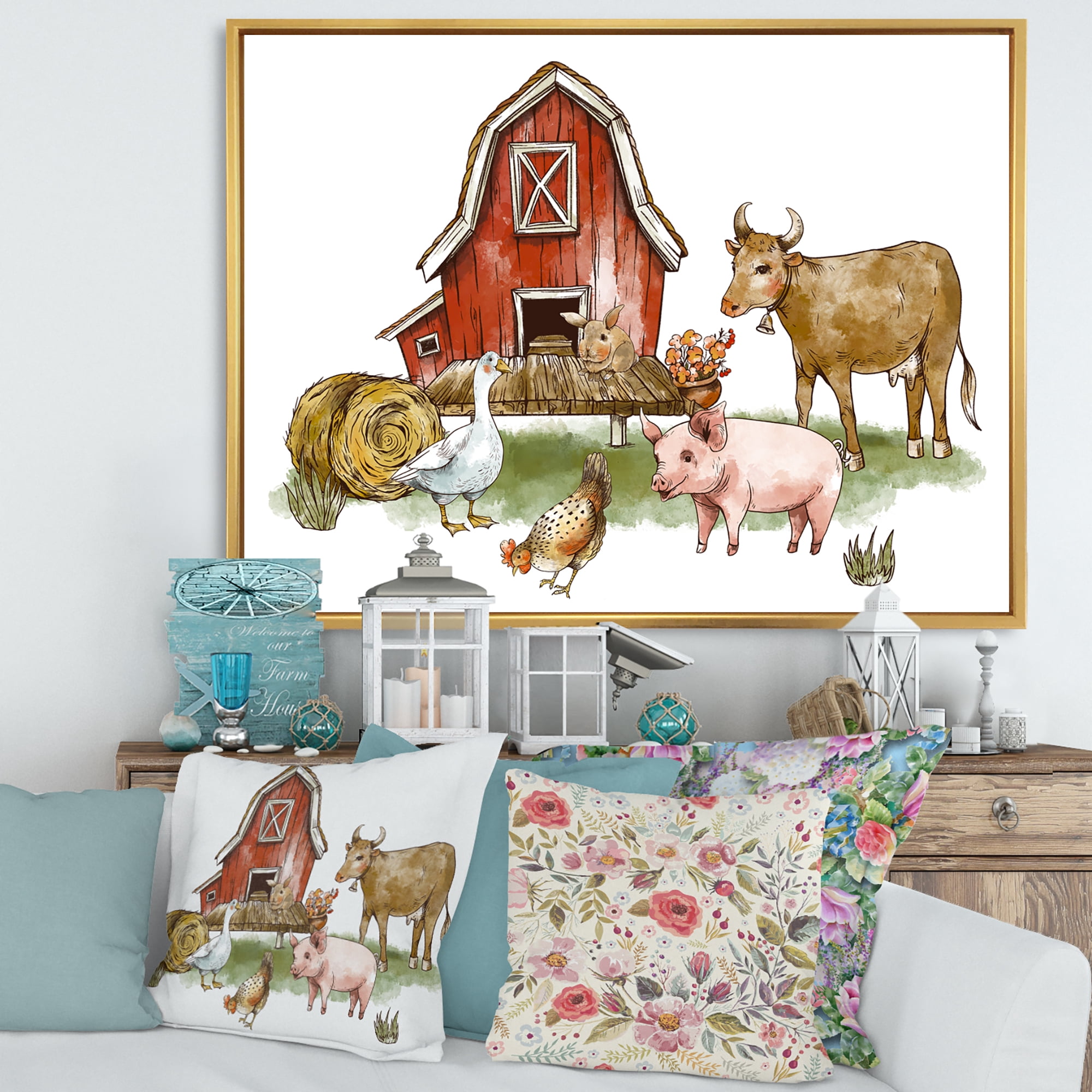 Designart 'Farm House With Goose Cow Pig Chicken and Haystack' Rustic Framed Canvas Wall Art Print