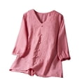 thumbnail image 1 of Vestidos Casuales Para Mujer, Blusas De Mujer De Moda Blusas de moda para mujer con cuello redondo, manga corta y botones de imitación de lino bordados, 1 of 7