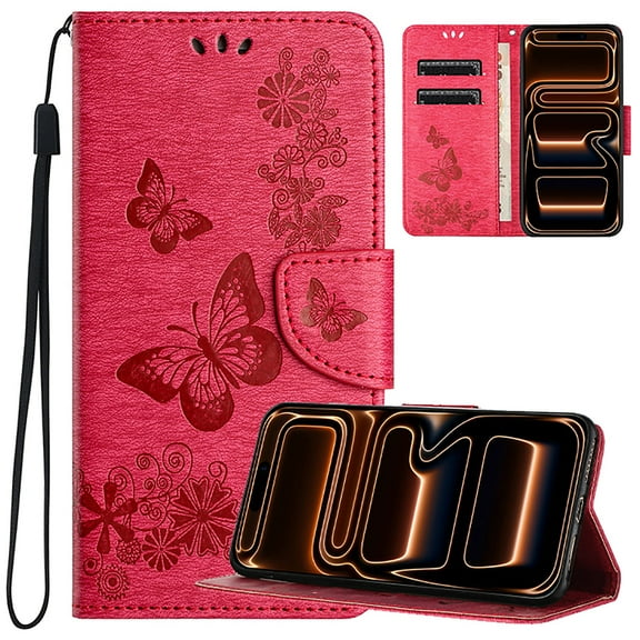 Allytechgroup for iPhone 17 Pro Wallet Case, PU Leather Butterfly Embossed Flip Folio Stand Protective Shockproof Cards Holder Hand Wrist Bumper Phone Case Cover for iPhone 17 Pro, Rose