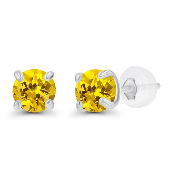 Decadence Sterling Silver White 3mm Round Created Yellow Sapphire September Birthstone Stud Earrings For Women