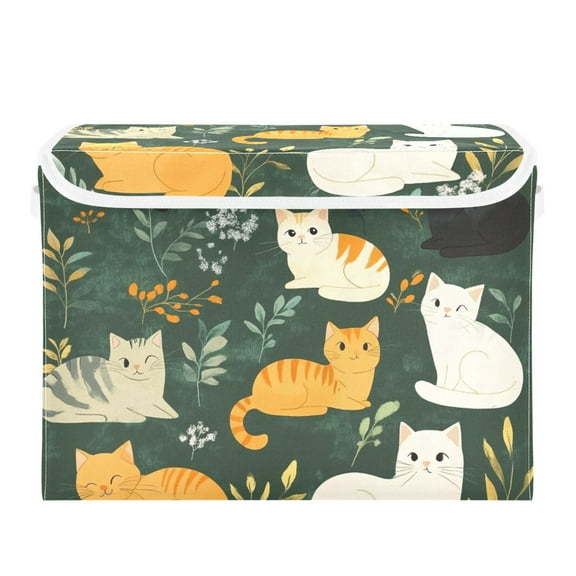 Cartoon Cute Cat Large Storage Bins with Linen Collapsible Lid Storage Box 16.7 x 12.6 x 11.8in