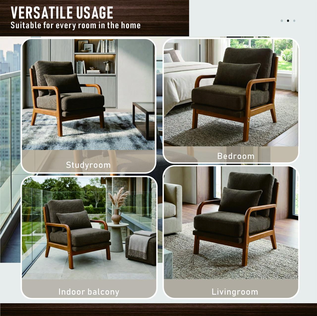 Homy Casa Mid-Century Modern Accent Chair, Nubby Upholstered Armchair with Solid Wood Frame, Brown