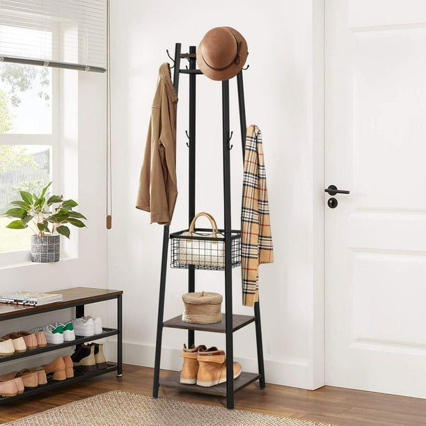 VECELO Coat Rack with Deep Metal Basket, 2tier Shelves & 8 Dual Hooks, Hall Trees Freestanding