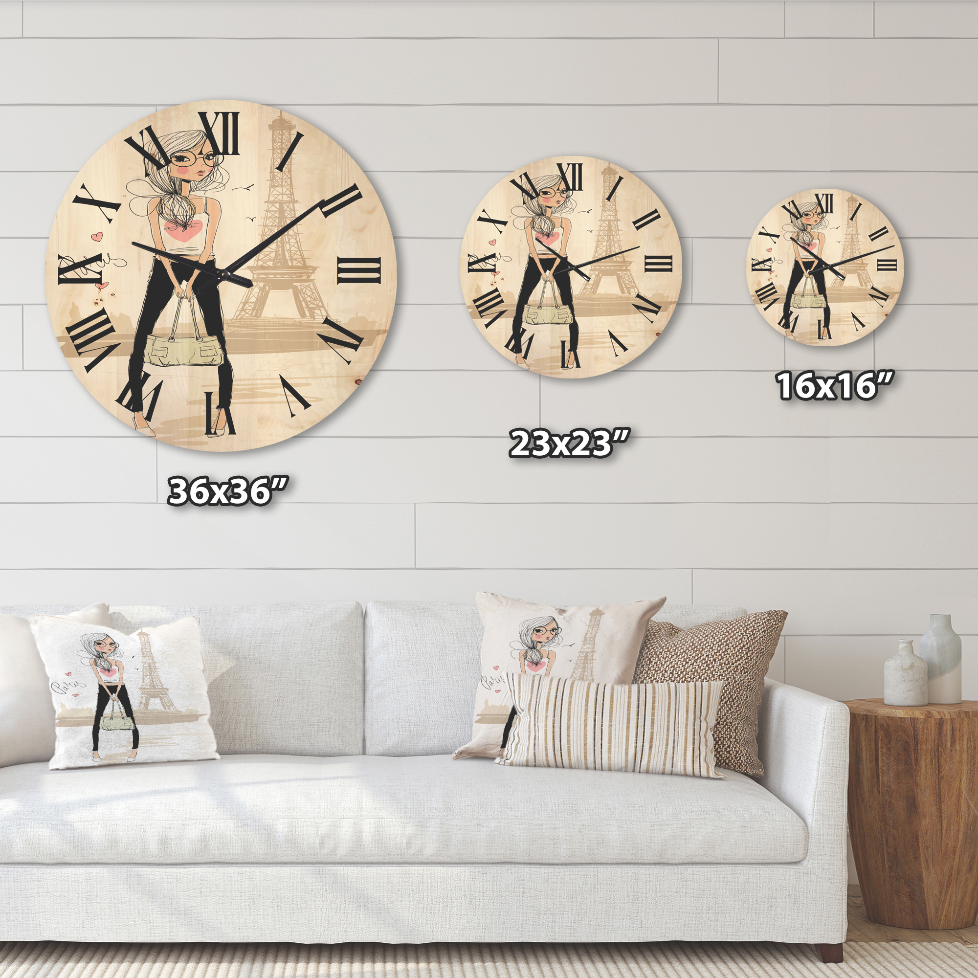 Designart 'Cute Girl By The Tour Paris Eiffel Tower' Children'S Art Wood Wall Clock