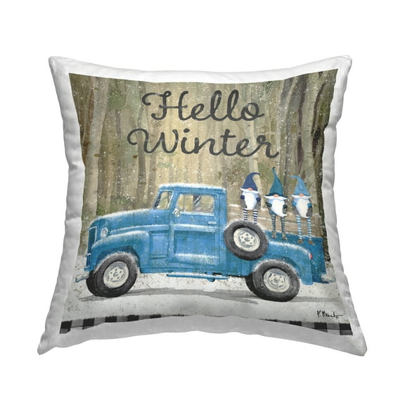Stupell Industries Hello Winter Tartan Blue Gnomes Truck Design by Paul Brent Throw Pillow