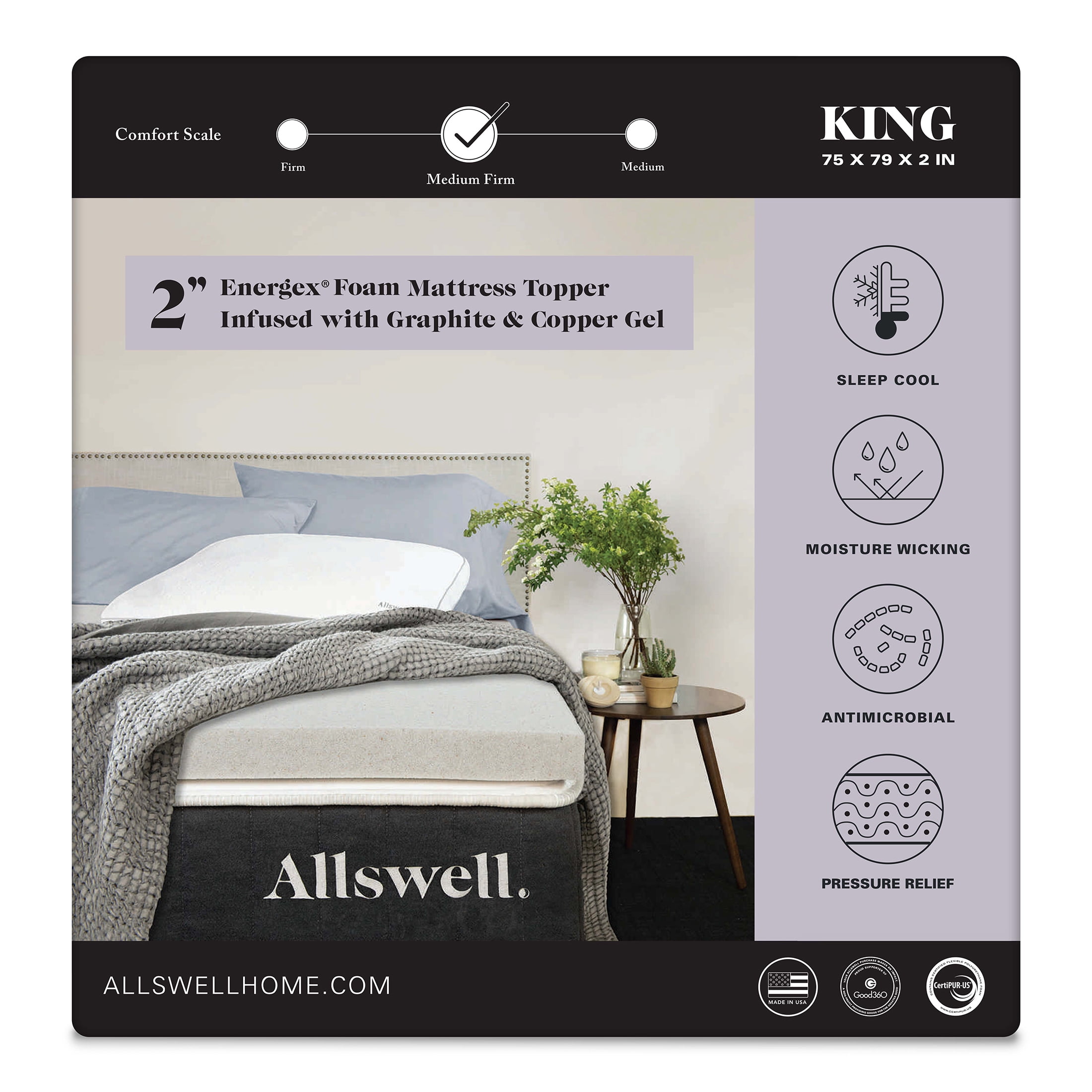 Allswell 2" Energex Foam Mattress Topper Infused with Graphite and Copper Gel, King