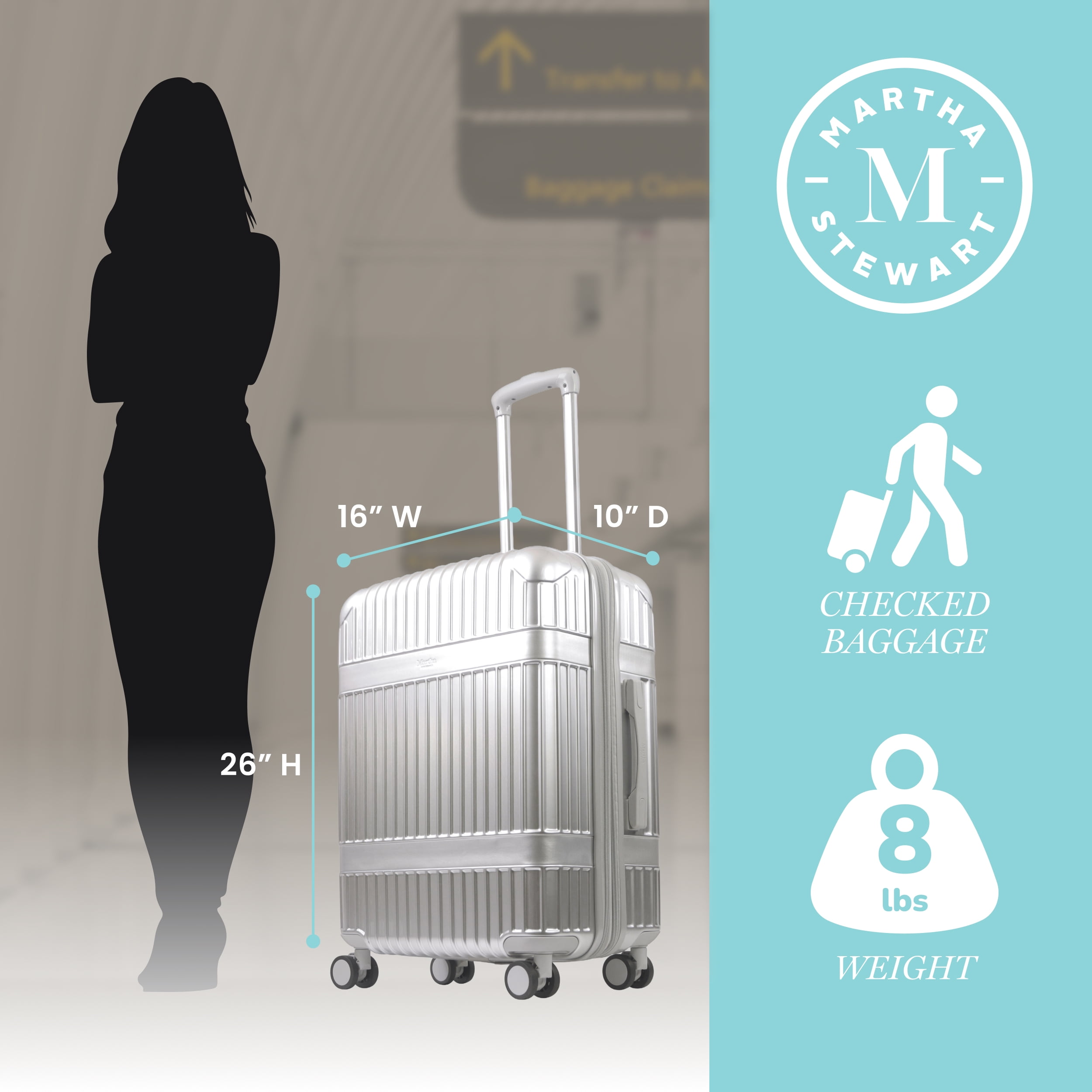 Martha Stewart The Bedford 26 Inch Rolling Luggage, Hardshell Suitcase with Spinner Wheels, Silver