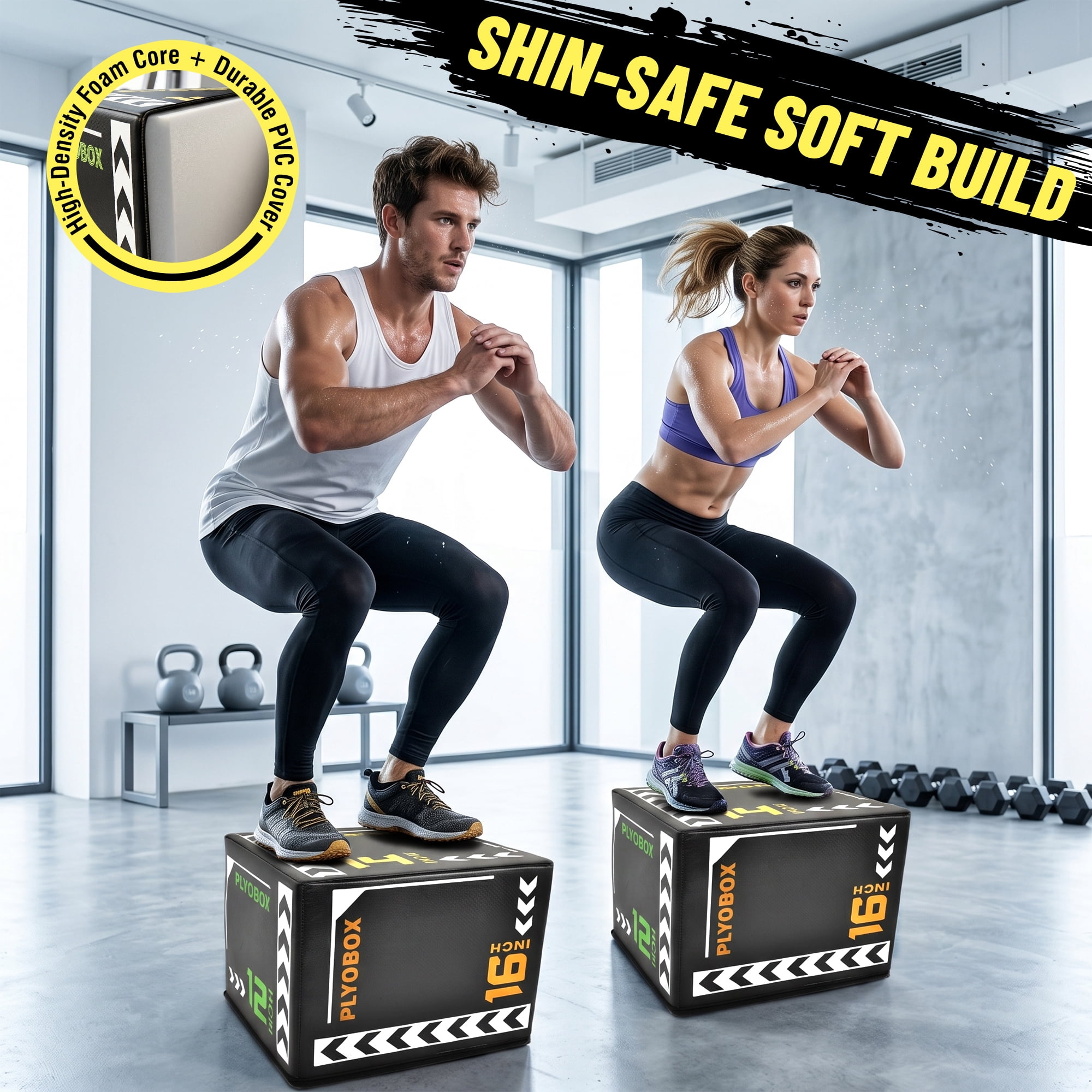 Leumius 3-in-1 Foam Plyometric Jump Box for Home Gym,12/14/16 Inch Multiple Height Options,Versatile Plyo with Non-Slip Surface for Strength, HIIT, Step-Ups, and Agility Training,Black