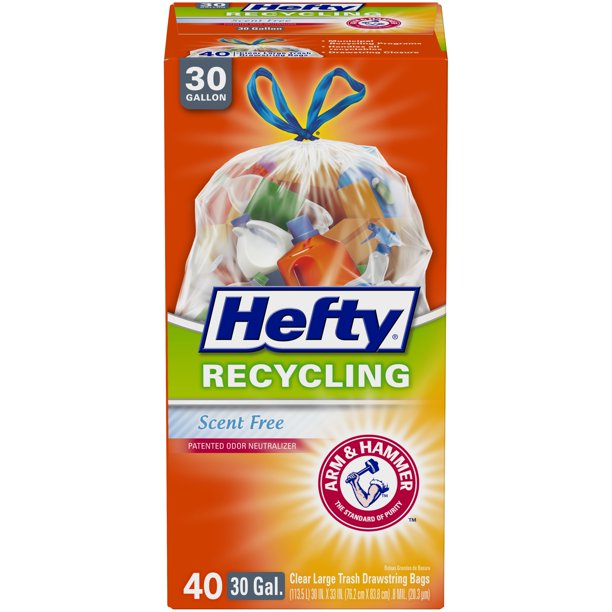 Hefty Clear Recycling Trash Bags, 30 Gallon, 40 Bags (Scent Free
