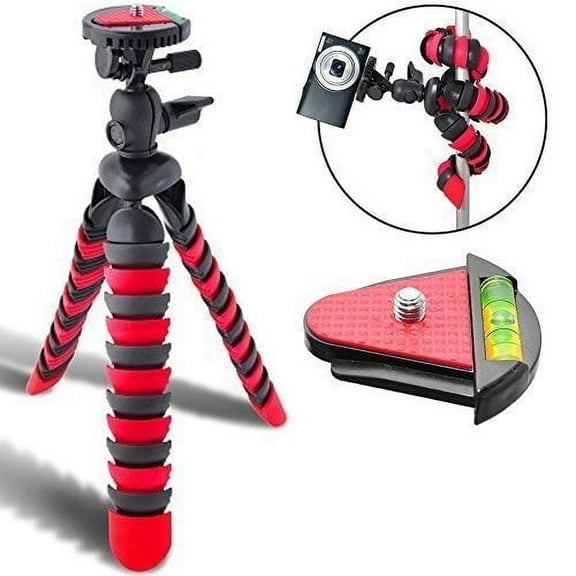 Acuvar 12" Inch Flexible Tripod w/ Wrappable Disc Legs Red & Black, Quick Release Plate and Bubble Leveler