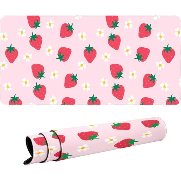Tapis de Souris Gaming Fraise Rose Mignonne TTG 31.5x15.7 Po Base en Caoutchouc Antidérapante Bords Lisses et Cousus Grand Tapis de Clavier d'Ordinateur Idéal pour Filles