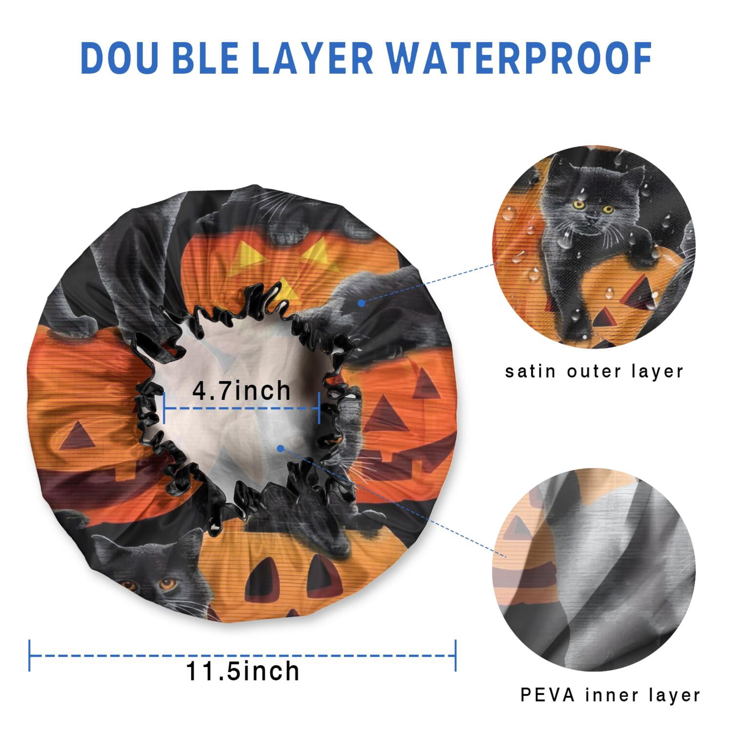 Shower Caps,Halloween Black Cats and Pumpkins Pattern Waterproof Shower Cap for Women 4 Pieces,Double Reusable Hair Cover for Shower PEVA Elastic Stretch Hem