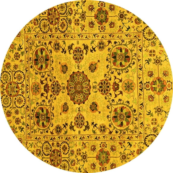 Ahgly Company Machine Washable Indoor Round Oriental Yellow Modern Area Rugs, 7' Round