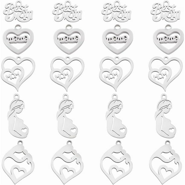 20 colgantes de acero inoxidable con la frase "Mejor mamá, te quiero, mamá" en 5 estilos diferentes. Colgantes con forma de corazón y letras.