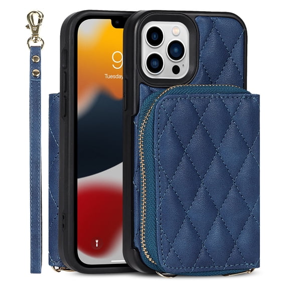 TECH CIRCLE Case for iPhone 13 Pro Max 6.7 Inch,Hybrid Leather Shoulder Strap Zipper Purse Card Holder Kickstand Detachable Wrist Strap,Blue