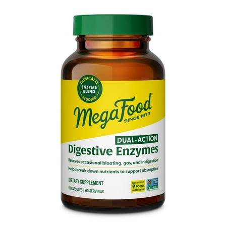 MegaFood Dual-Action Digestive Enzymes, Gas & Bloating Relief, 60 Capsules, 60 Servings
