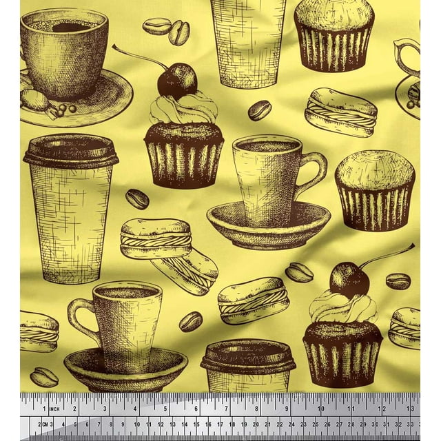 Soimoi polyester Crepe Fabric Burger,Cupcake & Cups Print Fabric by the Yard 42 Inch Wide