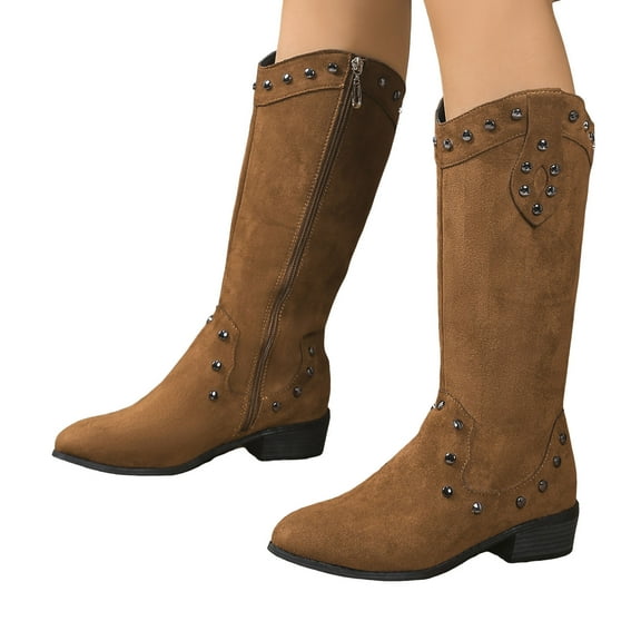 Suede Cowboy Boots for Women Wide Calf Block Low Heel Riding Booties Fashion Studded Mid Calf Cowgirl Boots