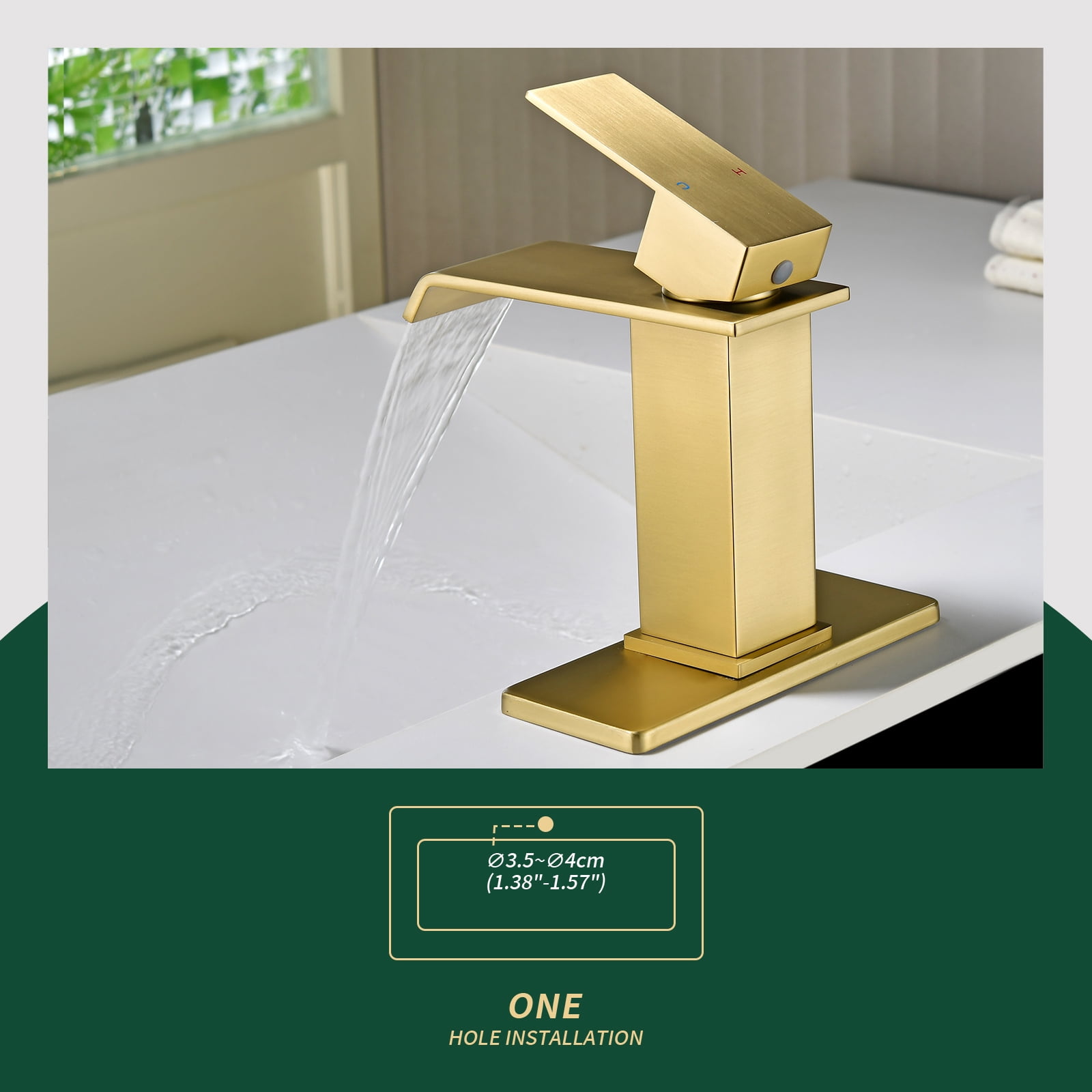Cobbe Single-Handle Waterfall Spout Bathroom Sink Faucet for Vanity Single-Hole Installation with Pop-Up Drain Brushed Gold