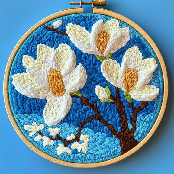 DIY Punch Needle Kits for Beginners Magnolia Flowers with Hoop Punch Needle Starter Craft Embroidery Set Easy for Adults and Children Festival Gift and Decoration 20x20cm-1