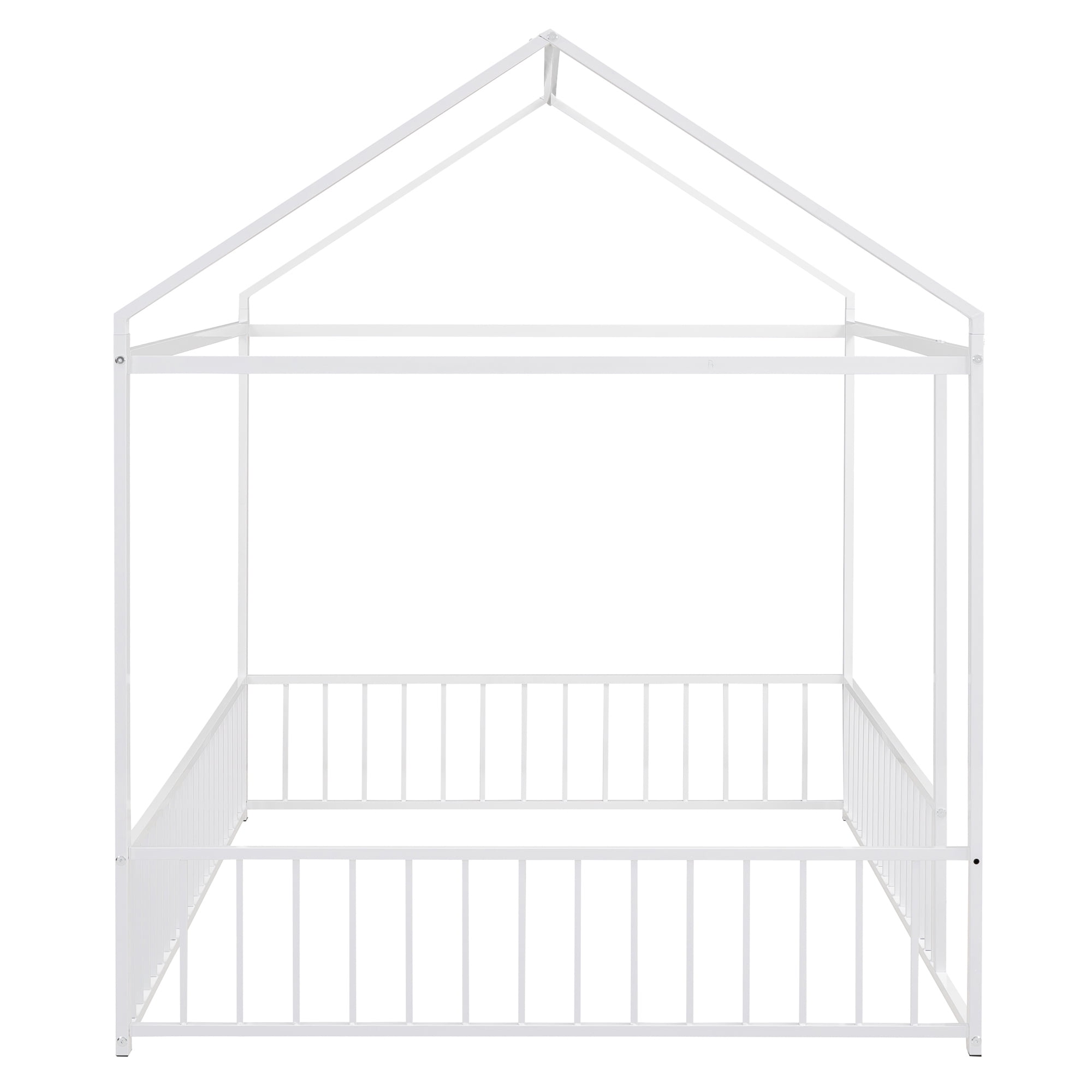 Full Size Montessori Floor Bed, Metal House Bed Frame for Kids, Kids Floor Beds with Fence Guardrails, Playhouse Bed for Kids Boys Girls