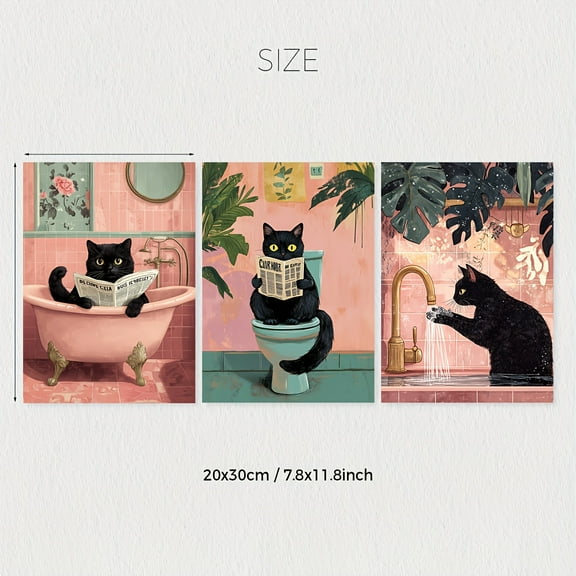 3-Piece Set,Romantic Cat Canvas Art Prints,Vintage Pink Bathroom Humor Posters, Frameless Animal Portraits, Interior Decoration Art Retro Modern Posters, Suitable for Living Room,DiningRoom Decoration