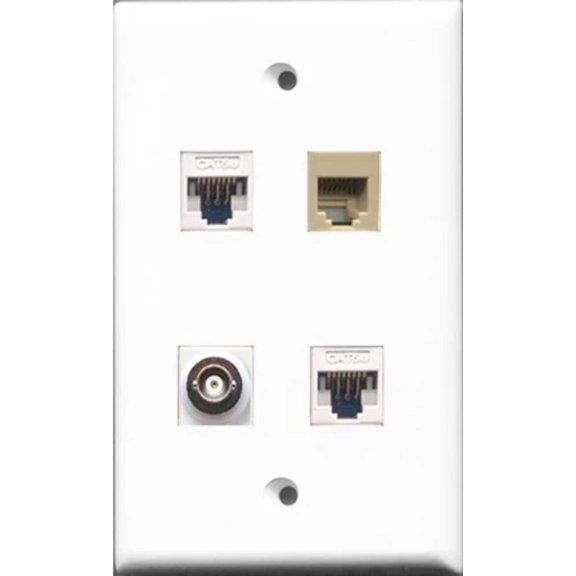 RiteAV 1 Port Phone RJ11 RJ12 Beige and 1 Port BNC 2 Port Cat5e Ethernet White Wall Plate