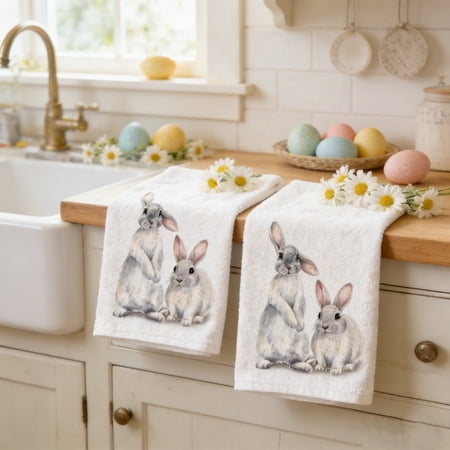 Hometravel Easter Kitchen Towels Set of 2 Absorbent Dishtowels with Bunny Design Soft Hand Towels for Cooking Baking Cleaning 66x43cm