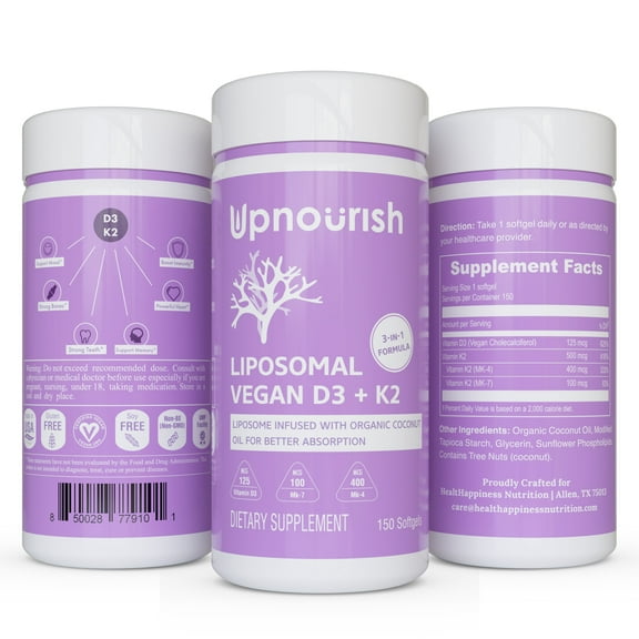 Liposomal Vegan Vitamin D3 K2 Softgels, 5 Month Supply, Certified Vegan Vitamin D3 5000 IU Plus 500 mcg Vitamin K2 MK4 & MK7