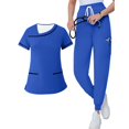 thumbnail image 2 of Minjewel Women's Asymmetric Collar Short Sleeve Scrubs for Women Set with Pockets, Stylish & Functional Scrub Set for Healthcare Workers,Blue L, 2 of 8