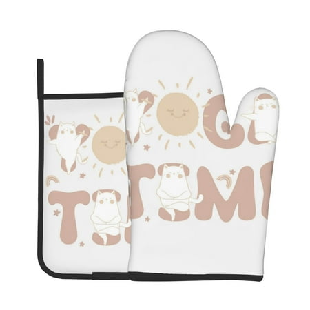 

Xecao Cat Yoga Time Pattern Oven Mitts and Pot Holders Sets Heat Resistant Silicone Oven Mittens Extra Thicken Long Kitchen Cotton Oven Glove for Cooking