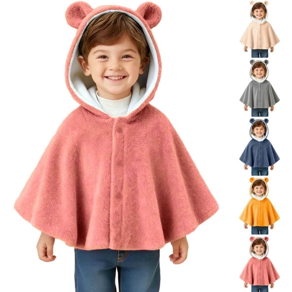 Fewfanhot Kids Cute BearEar Fleece Hooded Poncho, Button Front Warm Kids Cape Wrap for Daily Outdoor