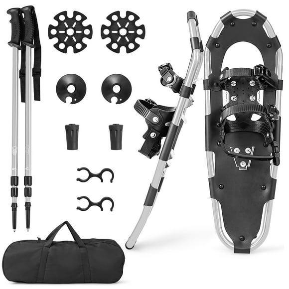 Gymax 25'' 4-in-1 Lightweight Terrain Aluminum Snowshoes w/ Ski Poles Carry Bag Silver