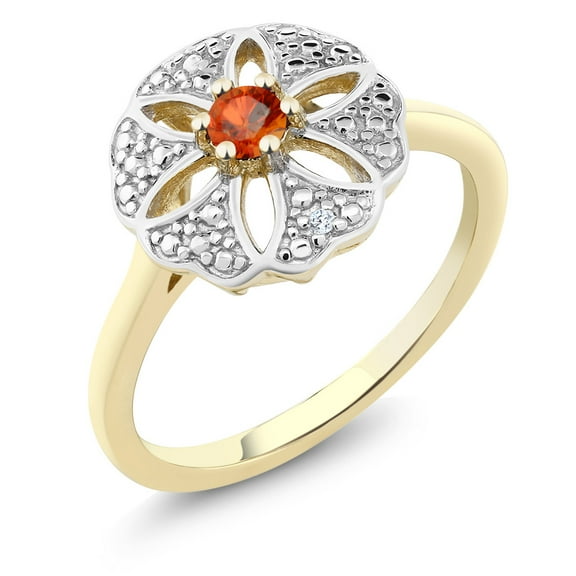 Gem Stone King 18K Yellow Gold Plated Silver Orange Sapphire and I Diamond Engagement Ring for Women | 0.13 Cttw | Round 3MM | Gemstone September Birthstone | Size 7